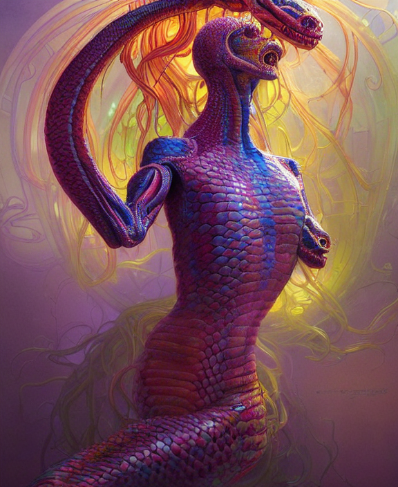 intricate colorful transparent portrait of a terrifying beautiful alien snake creature, mottling coloring, adorable, childlike, medical equipment hospital environment, ultra realistic, concept art, art nouveau, photorealistic, octane render, 8 k, unreal engine. art by christopher marley and artgerm and greg rutkowski and alphonse mucha