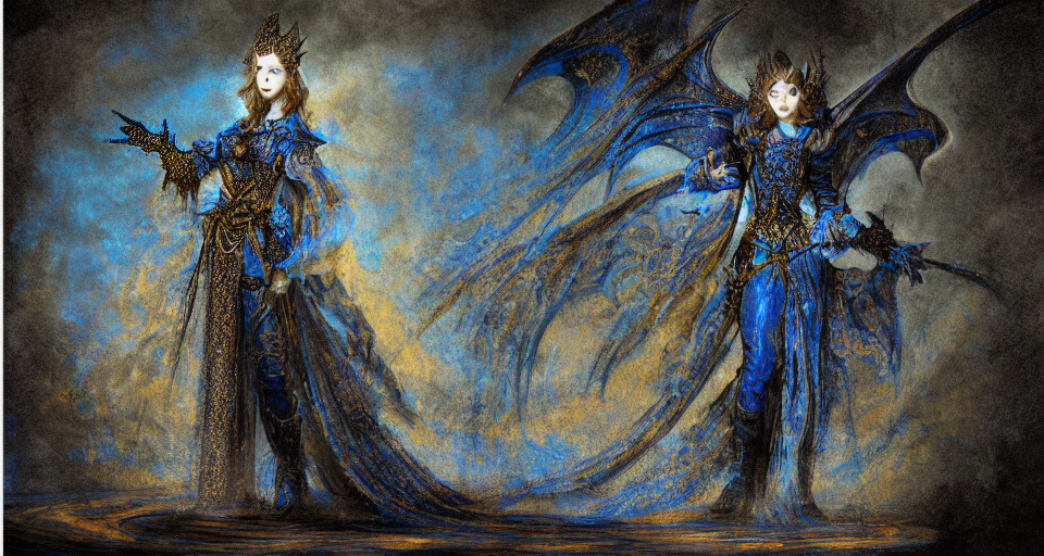 Character concept sheet of a Gothic princess in dark and blue dragon armor. By (Rembrandt painting(100)(fractal flame)), highly detailded