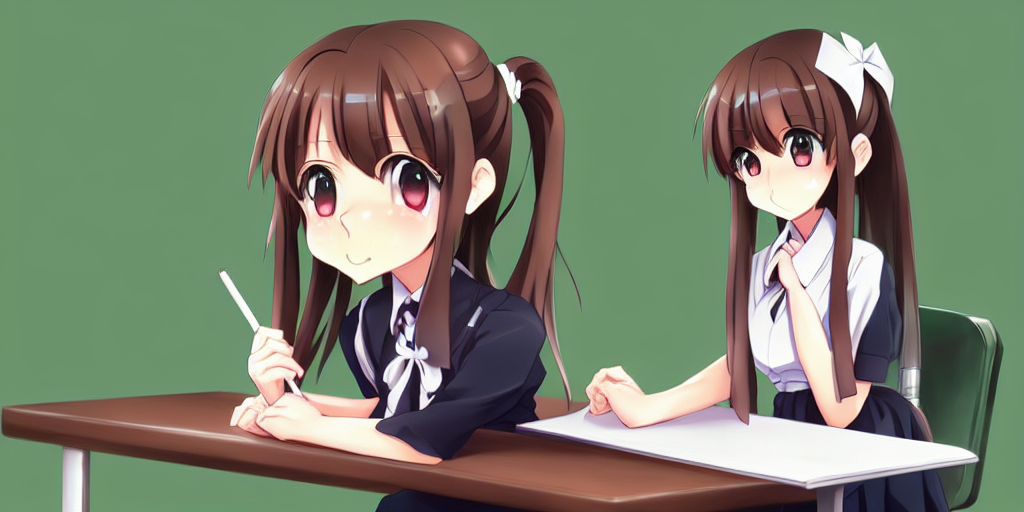 beautiful anime high school girl siting on a school desk, full body, brown hair, ponytail, white ribbon, green eyes, full perfect face, slightly smiling, detailed background, panoramic view, one character drawn by Artgerm, Sasoura, Satchely, no distorsion