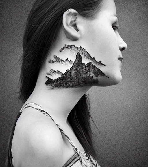 tattoo design sketch of a beautiful woman face with an amazing mountain scenery on her side, hyper - realistic, double exposure, in the style of matteo pasqualin, amazing detail, black and white, faded