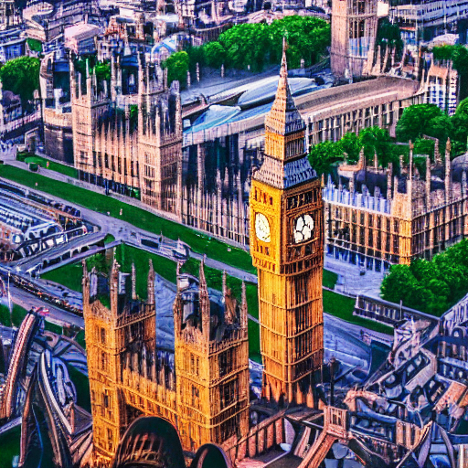 london city, landscape, cityscape, high art, detailed, artstation award, intricate detail, panoramic, wide angle, sunset, color palette, big ben clock tower, british parliament building, from above