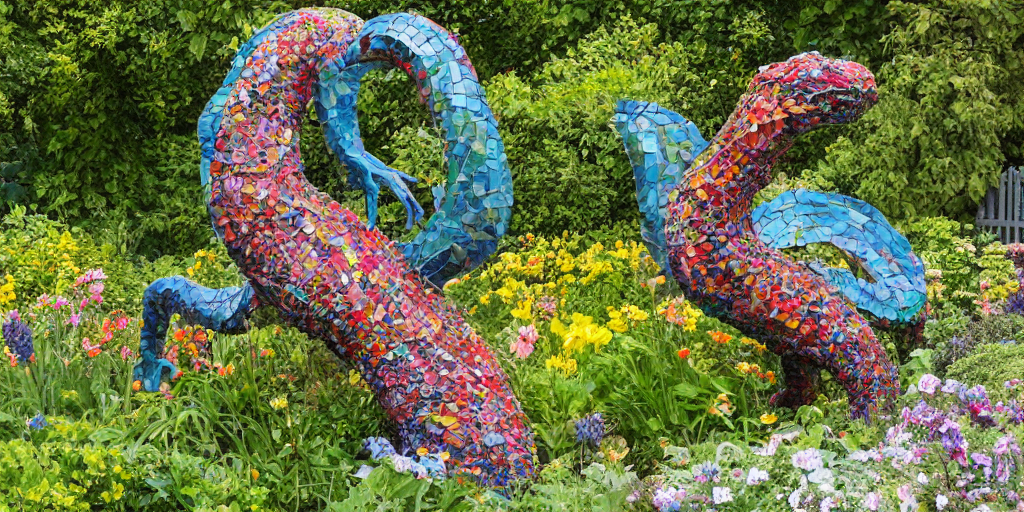folk art garden sculptures in an english cottage garden, cottagecore flower garden, concrete sculpture of a wyrm, colorful mosaic, sculpture by wouterina de raad!!!, art by james tellen, highly detailed, realistic anatomical proportions, textured hand built concrete sculpture, amazing concrete sculpture, 4 k