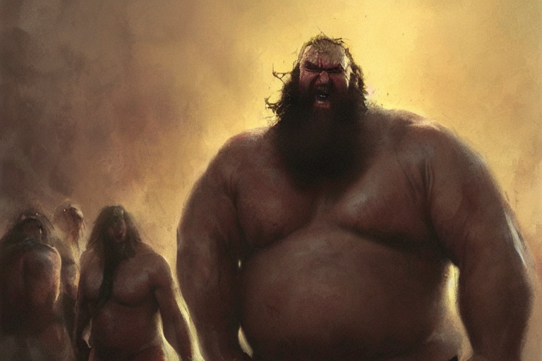 worm's eye view of braun strowman as a huge hulking viking laughing with fat bald warriors at night in fog, painted by phil hale and greg rutkowski jack kirby and jeremy mann, arstation atmospheric character art, based on ogre kingdoms by cos koniotis