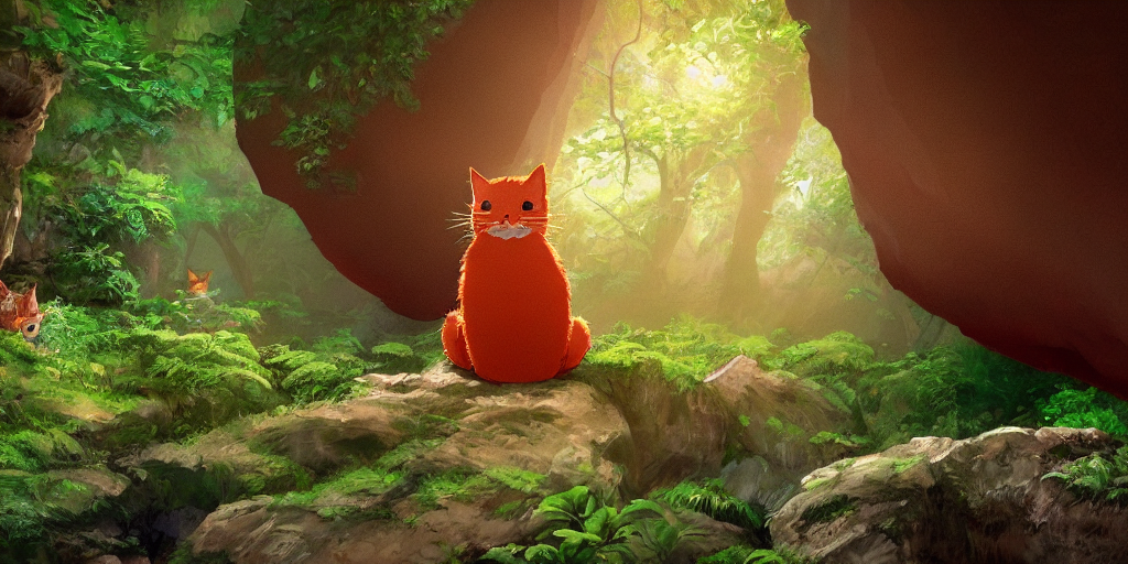 red cat shaped like totoro looking into large cave entrance in a lush forest, beautiful ambiance, sunset, studio ghibli style, by hayao miyazaki, sharp focus, highly detailed, 4k