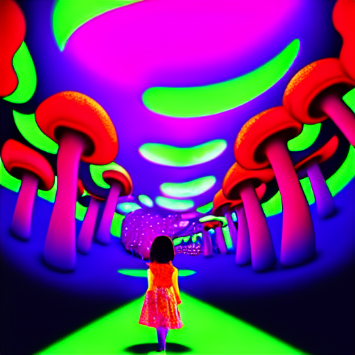 Little girl wandering among many giant glowing mushrooms, Neon colors, psychedelic art, trippy, 4k, HQ, Trending on Artstation