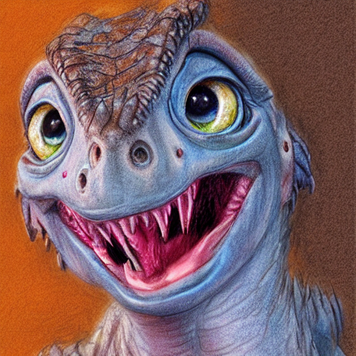 happy and cute face of baby velociraptor, face only, smile, big eyes, pencil drawing, pastel, by marc simonetti