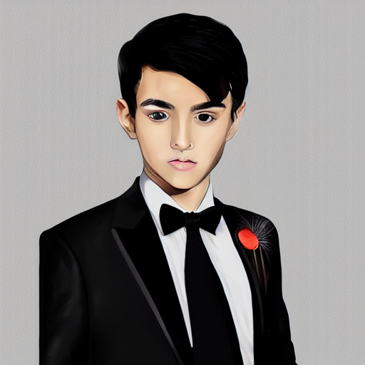 1 6 year old black suit white shirt, black bowtie, black haired royal garment man, determined, fearless, sharp looking portrait, digital art
