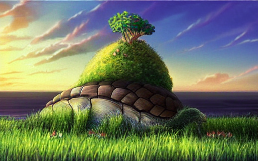 an island made out of the shell of a giant turtle with grass and a giant castle on top, sunset, drawn by hayao miyazaki, studio ghibli film, hi res, high detail, 4k