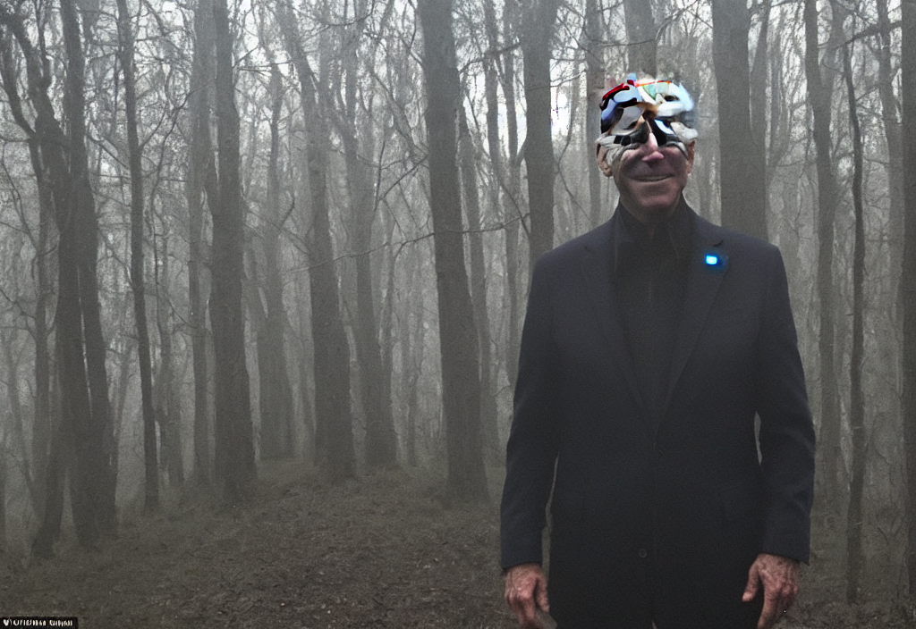 low quality iphone photo of joe biden standing ominously deep in the foggy woods with a demonic smile in his face, low visibility creepy, grainy, trail cam footage
