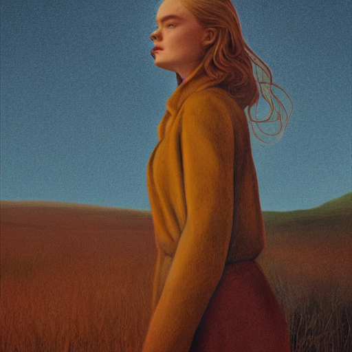 Elle Fanning in a flaming field, head and shoulders masterpiece, apocalypse, golden hour, cosmic horror, artstation, in the style of Andrew Wyeth and Edward Hopper, extremely detailed