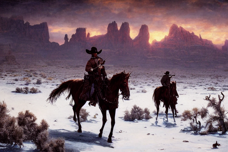 an ultradetailed image of jense ackles as an old west gunfighter shooting at a charging wendigo, horrifying supernatural monsters, ultrawide lens, aerial photography, desert landscape with snowy mountains in the far background, masterpiece, 8 k, art by greg rutkowski and albert bierstadt