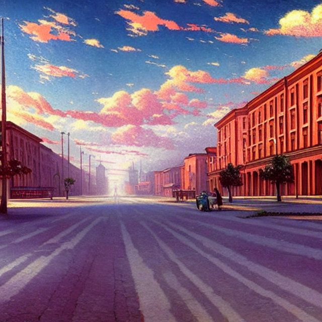 empty town street with identical high soviet endless buildings. perfect grass lawn in the center of the frame instead of asphalt and road. cinematic, by thomas kinkade, gustave baumann