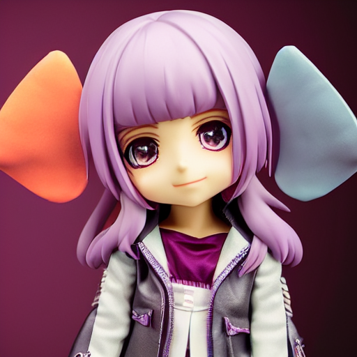 portrait of a anime and chibi very cute doll with purple jacket design by antonio mello, nendoroid, kawaii, cyberpunk fashion, character modeling, toy design, substance 3 d painter, vray, soft vinyl, trending in artstation