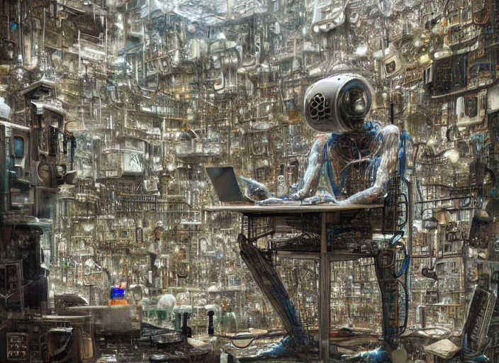 a man made entirely of computers fused with his surroundings in a laboratory super detailed intricate in the style of Greg rutkowski