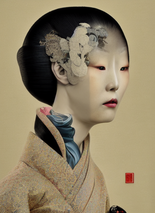 portrait of a melancholic geisha, collage art, studio portrait against a black background, modern fine art, fractal, intricate, elegant, highly detailed, digital photography, subsurface scattering, by jheronimus bosch and yue minjun and greg rutkowski,