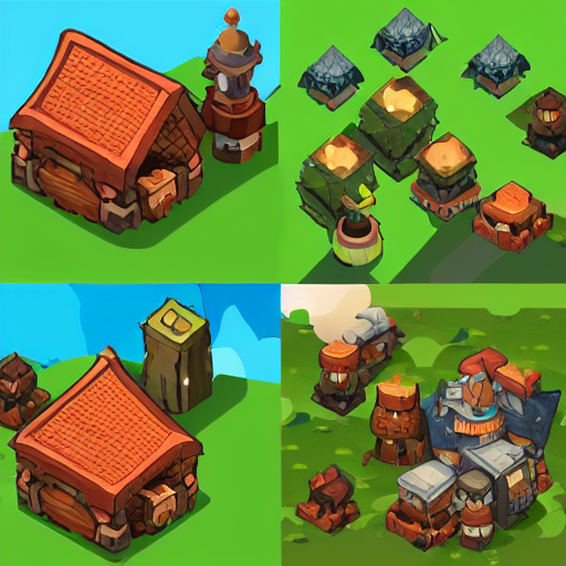 A isometric game assets spritesheet from dofus Online, tree of savior and clash of clans. HD vector Containing modular props, terrain, trees, floor, bricks, platform, vector art, very detailed
