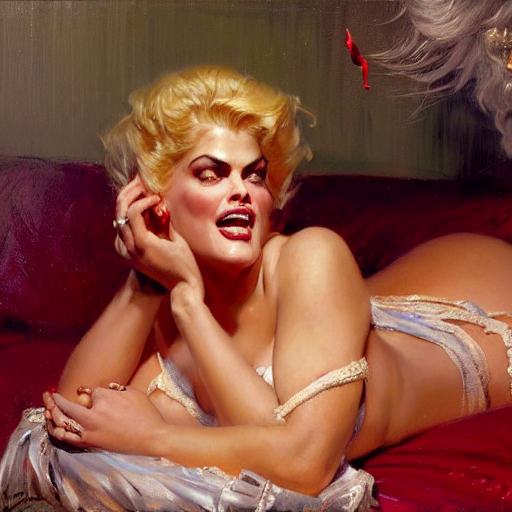 anna nicole smith in her bed, nervous and terrified, because rip taylor is throwing confetti from a bucket at her. highly detailed painting by gaston bussiere, j. c. leyendecker, greg rutkowski, craig mullins 8 k