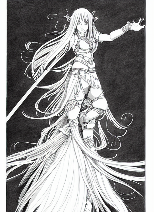 hyper - realistic line art pencil drawing of a fantasy warrior anime woman withwith long hair twirling, very exaggerated fisheye perspective, art by shinichi sakamoto