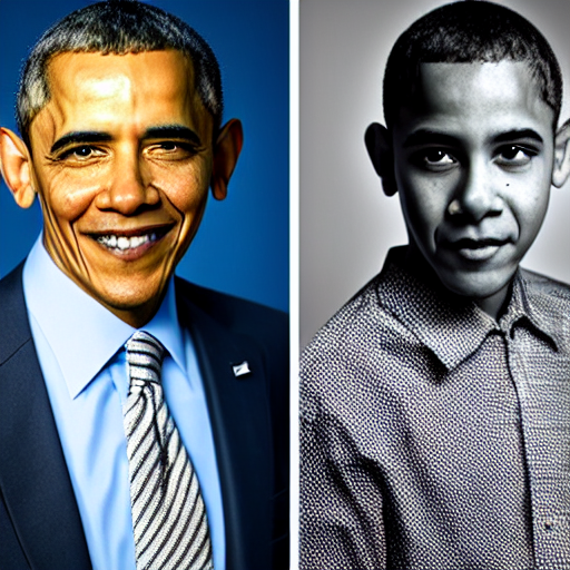 A portrait Obama teams up with a teenage Obama, perfect faces, 50 mm, award winning photography