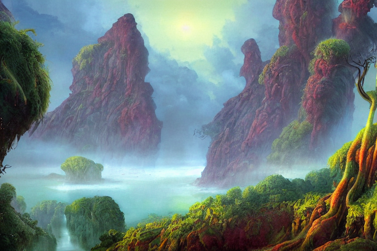 digital painting of a lush natural scene on an alien planet by gerald brom. digital render. detailed. beautiful landscape. colourful weird vegetation. cliffs and water. misty and wet.