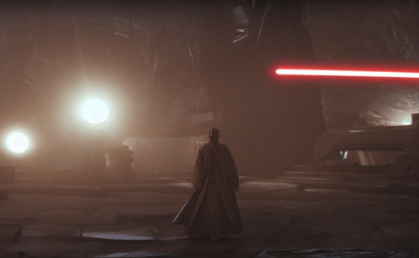 iconic wide cinematic screenshot from the sith planet where lightsabers are made, from the thrilling scene from the 1 9 8 0 s lost jedi film, moody cinematography, foggy volumetric lighting, hyper detailed scene, anamorphic lenses 2 4 mm, lens flare, award winning