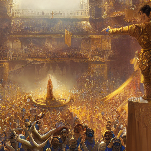 A young king in golden clothes making a speech from a balcony to a crowd, fantasy, highly detailed, digital painting, artstation, concept art, illustration, art by Bayard Wu and Marc Simonetti