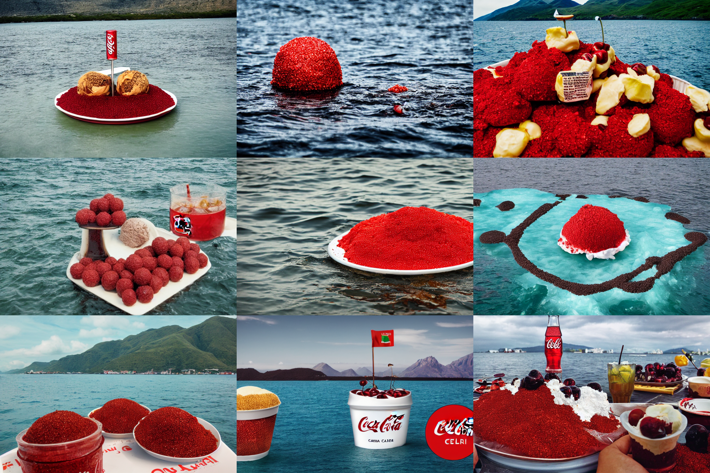 an island made of food, around the island instead of water coca - cola ( dark brown ), instead of sand red caviar, instead of mountains ice cream with cherries, photo taken from a boat, 3 5 mm, cinematic