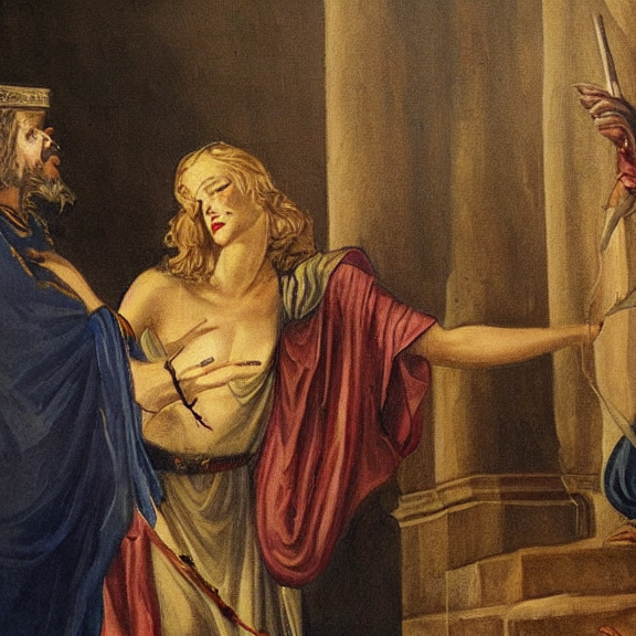 Neoclassicist painting of cate blanchett making deal with Satan in a Masonic Temple
