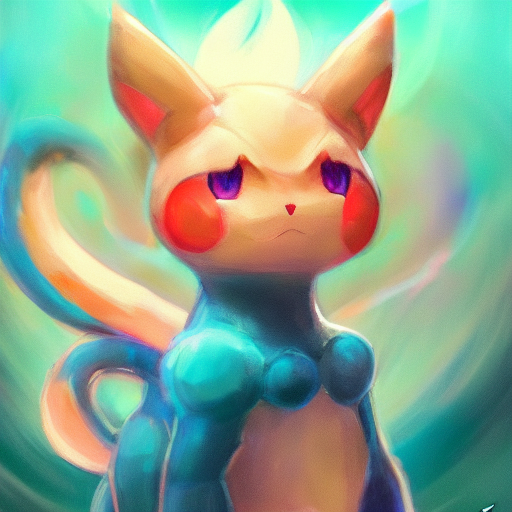cinematic portrait of beautiful Mew Pokemon on blue bubble, oil on canvas, masterpiece, trending on artstation, featured on pixiv, cinematic composition, dramatic pose, beautiful lighting, sharp, details, hyper-detailed, HD, HDR, 4K, 8K
