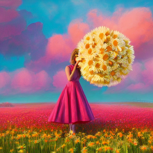 giant daisy flower as head, full body girl standing in a flower field, surreal photography, sunrise, dramatic light, impressionist painting, colorful clouds, digital painting, artstation, simon stalenhag