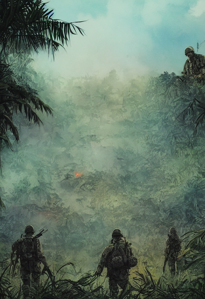 handmade illustration of an epic Vietnam war scene with a few american soldiers walking, the jungle at the background, some smoke and fire, blue sky with dramatic clouds, line art, ink, watercolor by Kilian Eng and by Jake Parker, heavy brushstrokes, winning-award masterpiece, fantastic, octane render, 8K HD Resolution, High quality image