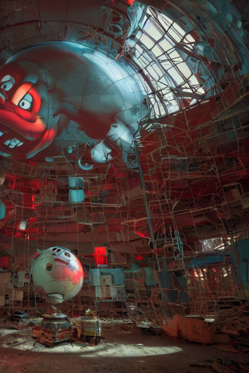 workers repairing big mickey mouse head in abandoned computer facility, in background red glowing netflix logo. made by beeple, cgsociety, unreal engine, octane render, greg rutkowski, alphonse mucha, cinematic lighting, dark room, low light, sharp focus, 4 k highly detailed art