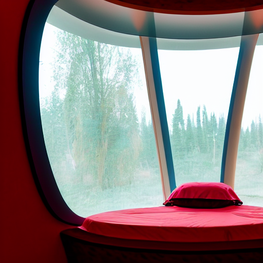 inside cozy luxurious curved sleep-pod with wall to wall padding and sound system, amber ambient, red desert outside window, night time, lighting, atmospheric, polyamorous, XF IQ4, 150MP, 50mm, F1.4, ISO 200, 1/160s, dawn
