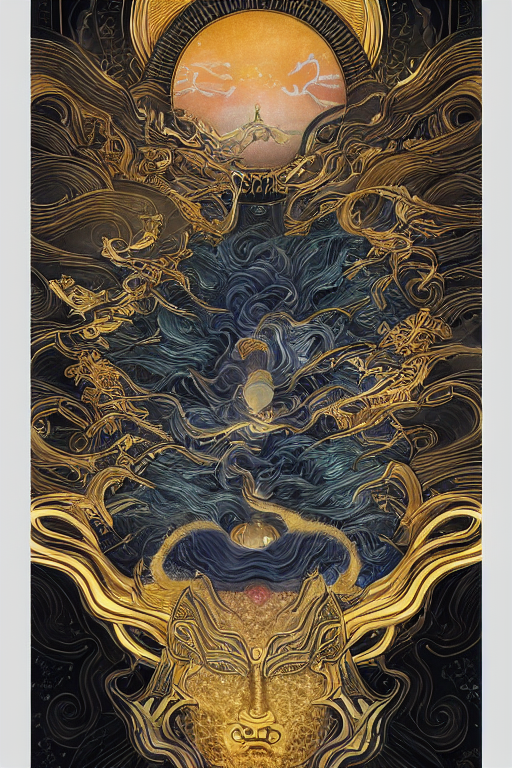 storm god, mist of swirling clouds, painted by 秋 屋 蜻, with multiple golden boarders on black paper background + black paper with intricate and vibrant prismatic line work + tarot card + angelarium, art deco, art nouveau + shiny and full of silver layers + symmetrical portrait + visually striking amber eyes + trending on artstation