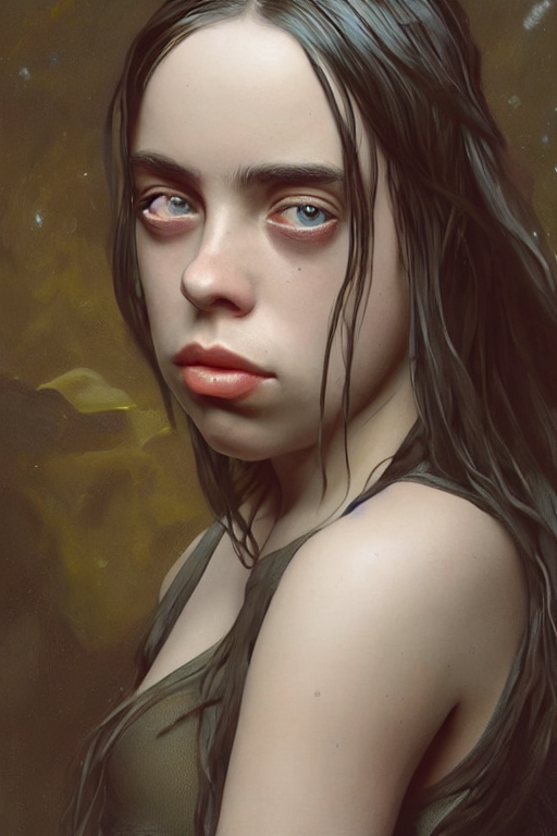 sexy painting of billie eilish, bikini, ultra realistic, sharp details, subsurface scattering, intricate details, warm lighting, beautiful features, highly detailed, photorealistic, octane render, 8 k, unreal engine, art by artgerm and greg rutkowski and alphonse mucha