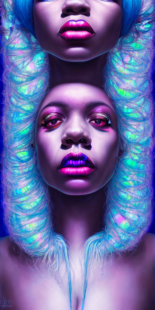 hyperrealistic close-up of beautiful black woman with white hair and iridescent blue skin hannah yata dramatic neon lighting
