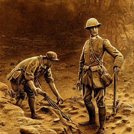ultra detailed photorealistic sepia - toned painting from 1 9 1 7, a british officer in field fear standing at an archaeological dig site in wadi rum, ultra realistic, painted, intricate details, lovecraft, atmospheric, dark, horror, brooding, highly detailed, in the style of clyde caldwell