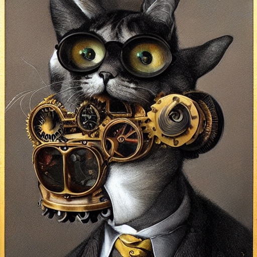 a hyperrealistic painting of a steampunk cat, brass goggles, by john kenn mortensen, highly detailed,