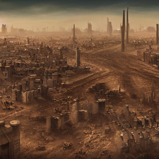 highly detailed painting view from bird's eye lively small but tall town with skyscrapers and chimneys in the middle of nowhere/wasteland [endless empty desert]:10 in Mad Max style trending on Artstation, 4K, high quality