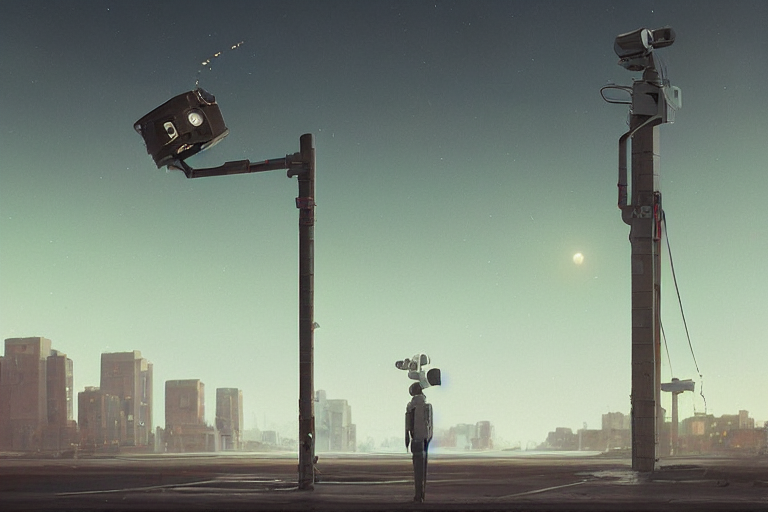 the last on earth standing on top of street light, wide shot, sci fi, art by mike winkelmann, trending on cgsociety, retrofuturism, darksynth, sci - fi