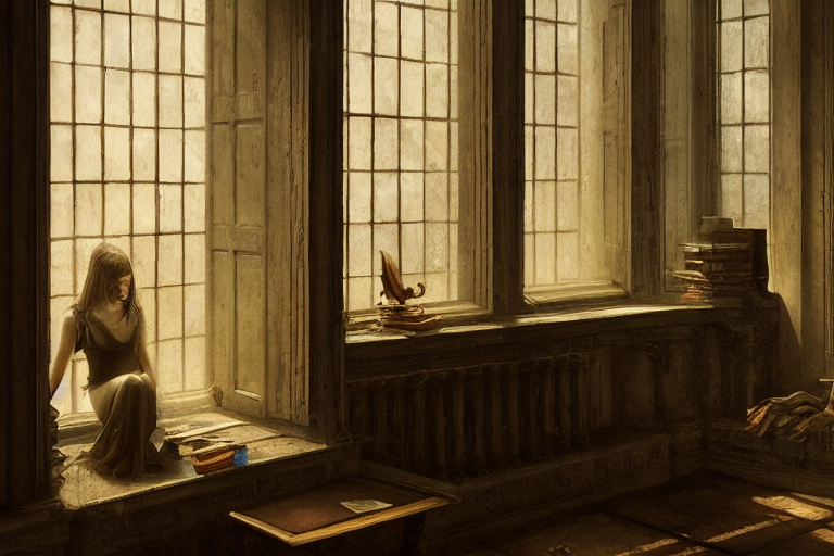 figure looking through a wide window, castle library, nightfall, lonely, photorealistic by michael komarck, greg rutkowski, victo ngai, artgerm, willem claesz heda