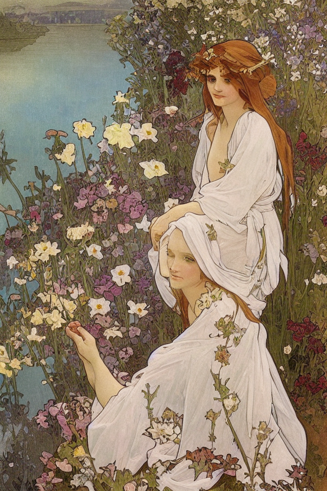atmospheric painting of a fairy in a robe made of flowers, sitting next to a lake by Alphonse Mucha