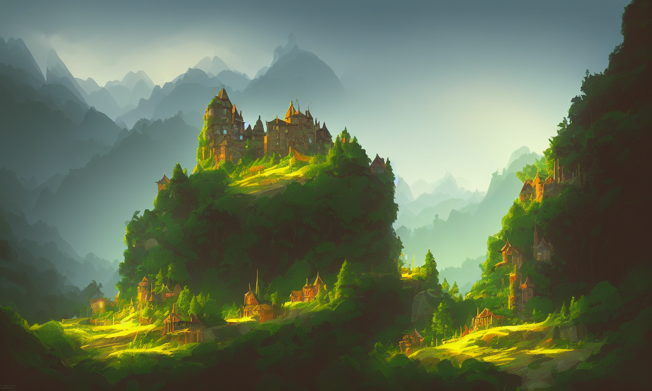 digital painting of a small castle town, border, behind a forest, large mountains in back, vector art, high detail, trending on artstation, by Jordan grimmer, no focus, huge scene, grass