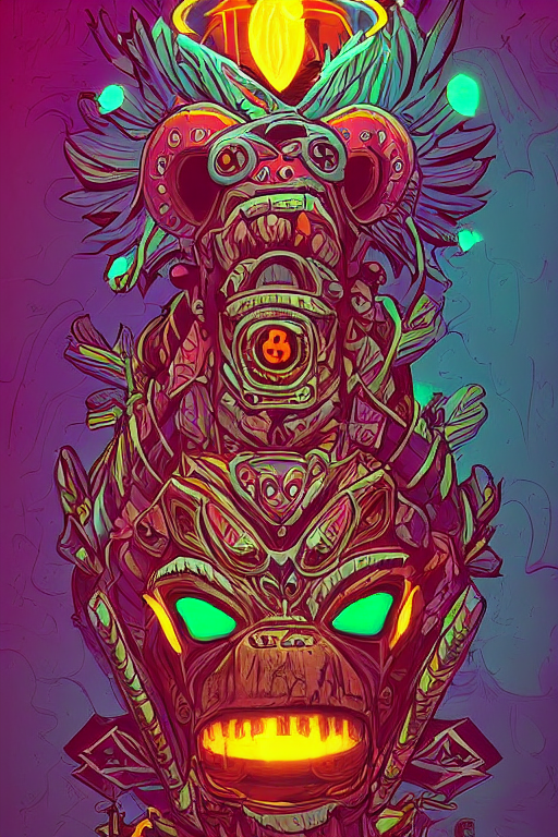 totem animal tribal chaman vodoo mask feather gemstone plant wood rock video game illustration vivid color borderlands by josan gonzales and dan mumford radiating a glowing aura