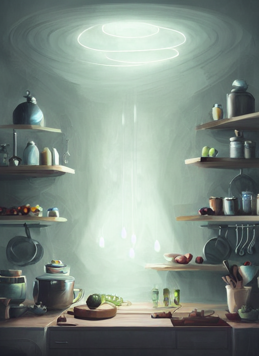 high depth, collective civilization kitchen, calm, healing, resting, life, hybrids, scifi, soft white glowing lights, published concept art, art in the style of all and none and everything and infinity, clowdy day