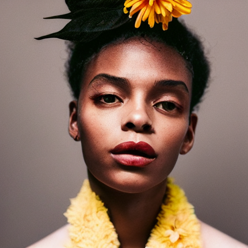 realistic photoshoot for a aime leon dore lookbook, color film photography, portrait of a beautiful woman in style of tyler Mitchell, person has a flower in her hair, 35mm, graflex