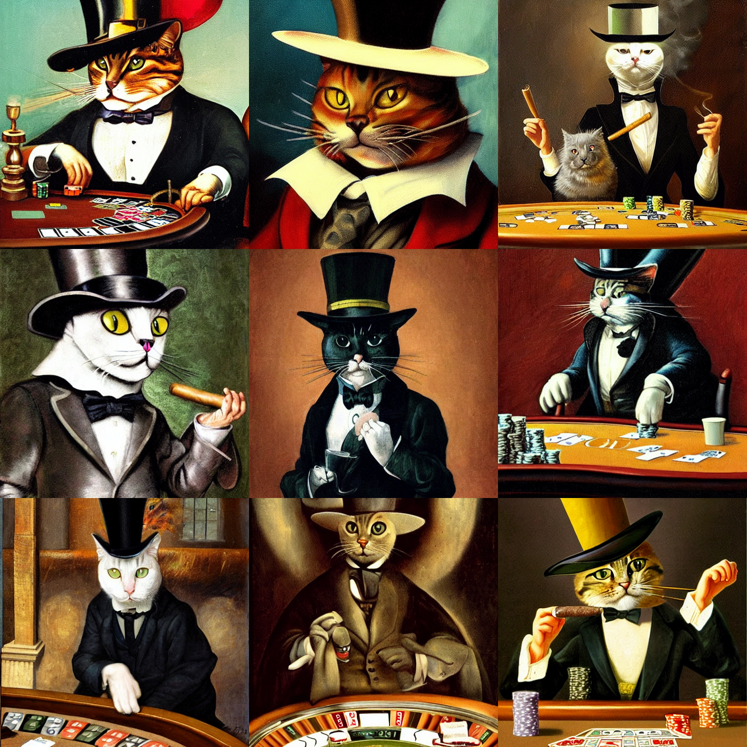 cat wearing a top hat and suit, smoking a cigar, inside a casino playing poker, hieronymus bosch, mark brooks