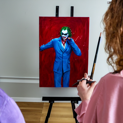 photograph of the joker ( 2 0 1 9 ) as a professional artist, standing at an easel with paint, photograph, 3 5 mm, 8 k