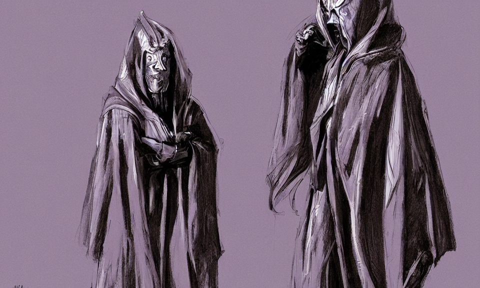 portrait hooded shaman, outfit by isei miyake, with rings on all his fingers, selling silver sigils outside of a music venue, cinematography by roger deakins, syd mead, triadic color scheme, sci - fi, arik roper, kirby krackle \, concept art