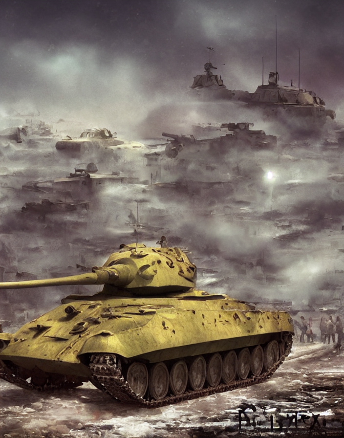 Concept art of random World War 2 cinematic scenes in winter, german and soviet soldiers, some tanks and buildings destroyed, blue sky, mist, boixcar style, matte painting, vaporwave vaporwave vaporwave watercolor cover art with warm and vibrant colors, volumetric light, oil on canvas art by Raoul Vitale, award-winning masterpiece with incredible and beautiful details digital art, trending on artstation, smooth, HD, 4K